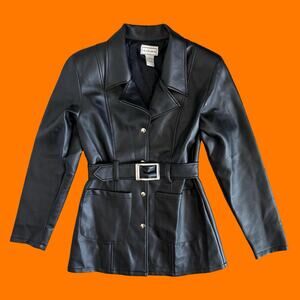 90's vintage black pleather belted jacket SMALL in charge